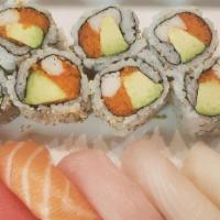 Chef Special # 9 · Masago California roll with 5 different kinds of nigiri sushi.