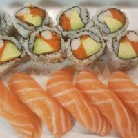 Chef Special # 21 · Eight pieces of masago California roll with five salmon nigiri sushi.
