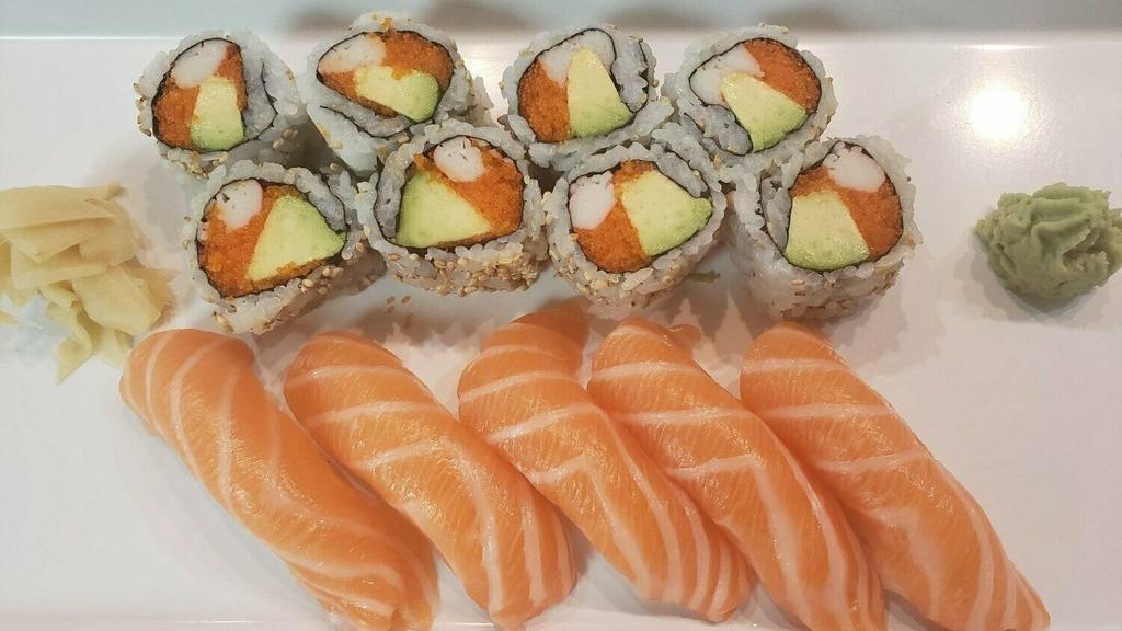 Chef Special # 21 · Eight pieces of masago California roll with five salmon nigiri sushi.