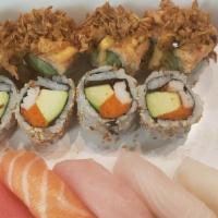 Chef Special # 15 · 4 pieces of masago California and crunch roll with 5 different nigiri sushi.