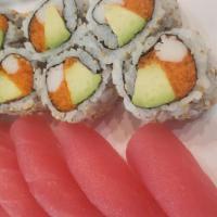 Chef Special # 5 · Masago California roll with 5 pieces of tuna nigiri.