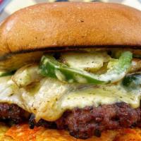 Jalapeño Dreamer · Beef burger patty, pepper jack cheese, grilled jalapeños, onions, potato stix, and jalapeño ...