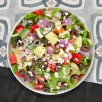 Going Greek Salad · Spring salad mix, tomatoes, cucumbers, onions, feta cheese, and olives tossed with salad dre...
