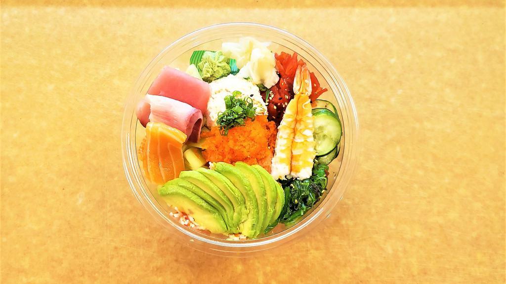 Complete Chirashi  · Sushi Rice | Drizzle of Chilly Oil | Cucumber Salad | Seaweed Salad | Fukujin Zuke (Pickle Vegetables) | Avocado | Cucumber | Ginger and Wasabi. Comes with Crab Mixed, Spicy Tuna, 1 pc Salmon, 1 pc Tuna, 1 pc Yellowtail, 1 pc Crab Sticks, 1 pc Shrimp, Masago.