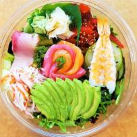 Sashimi Salad Bowl · Spring Mixed | Creamy Sesame Dressings | Cucumber Salad | Seaweed Salad | Fukujin Zuke (Pick...
