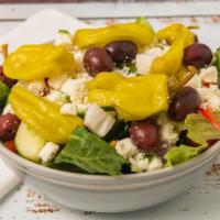 Greek Salad · Romaine lettuce, green peppers, sweet red peppers, grape tomatoes, Feta cheese, pepperoncini...