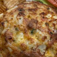 Homemade Jumbo Lump Crab Cake · Served on a Potato Roll with chips