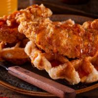 Crispy Chicken Strips & Waffle · Free Range/Halal Chicken Strips with a  Old Fashioned (Batter) Waffle, Maple Syrup, Honey Bu...