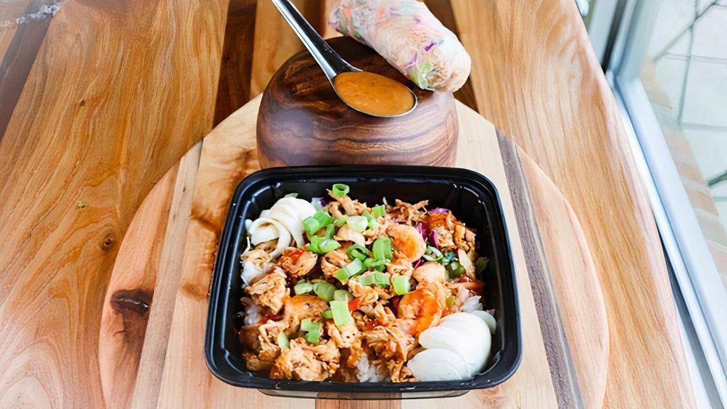 Thai Boxer Bowl · Chicken, shrimp, brown or white rice, egg whites, vegetables, and sweet and spicy. Comes with a spring roll