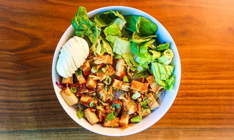 Tofu And Veggies · Tofu, rice noodles, vegetables, hard-boiled egg, lettuce, fried onion, cilantro and chives. Served with your choice of sauce