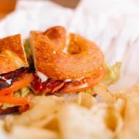 Blt Pretzel Sandwich · Bacon, lettuce, tomato and choice of pesto, garlic or chipotle aioli on a salted pretzel bun...