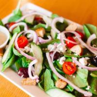 Greek Salad · Feta cheese, fresh spinach, Kalamata olives, sliced cherry tomatoes, red onion, cucumbers, p...