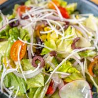 Mediterranean Salad · Heirloom cherry tomato, pepperoncini, kalamata olives, cucumber, red onion, vegan feta, and ...