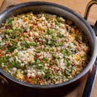 Creamed “Street Corn” · Charred corn + peppers + whipped corn crema