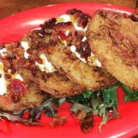 Fried Green Tomatoes · Goat cheese, balsamic reduction, candied bacon, mixed greens.