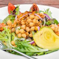 Power Salad · Mixed greens, red onion, charred Roma tomato, spiced sunflower seeds, garbanzo beans, avocad...