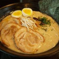 Tonkotsu Ramen · Most popular. Pork broth. Pork chashu, nitamago (boiled egg), nori (roasted seaweed), kikura...
