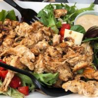Grilled Chicken Salad · Organic mixed greens, red bell peppers, antonelli's white cheddar chunks, topped with grille...