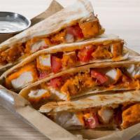 Btq - Buffalo Tender Quesadilla · Hand Breaded Tenders, Choice of Flavor, Tomato & Blend of Cheeses, Ranch for Dipping