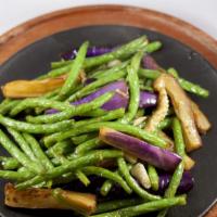 Fried Eggplant With Green Beans · Eggplant, green beans, garlic.