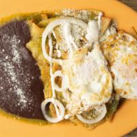 Chilaquiles Verdes · Fried tortilla chips, cooked on salsa,verde refried beans, two fried eggs and cecina. meat *...