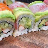 Rainbow · Kani, avocado and cucumber on the inside, avocado and assorted raw fish on top.