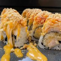 Galaxy Roll · Spicy. Inside rock shrine tempura. Outside spicy king crab, crabmeat, spicy mayonnaise, and ...