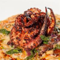 Wood-Grilled Crispy Baby Octopus · Wilted greens, grilled radicchio drizzled with honey and balsamic, and tender white beans.