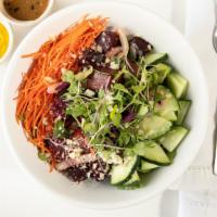 Beet Bowl · Plant based. Gluten free. Sauteed beets, brown rice, baby kale, carrots, caramelized onion, ...