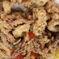 Calamari · Fried calamari, artichoke hearts, and pepperoncini, topped with Parmesan and parsley. Served...