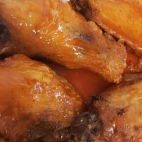 Wings (6) · Spicy buffalo, honey bbq, garlic parmasan, teriyaki, chipotle served with celery choice of b...