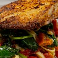 Blackened Mahi  · Over Fresh Linguine with Garlic, Oil, Spinach & Roasted Tomatoes(G/F+)