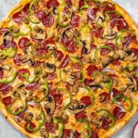 Sup Supreme Pizza · Pepperoni, sausage, mozzarella, bell peppers, mushrooms, onions, and olives  baked on a hand...