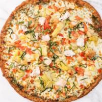 Thrive Vegan Pesto Pizza (Gluten-Free) · Vegan mozzarella cheese, our delicious housemade pesto sauce, artichokes, diced tomatoes, fr...