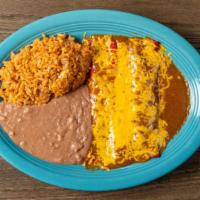 Cheese Enchilada Dinner (2) · Cheese enchiladas filled with cheddar cheese topped with traditional homemade ancho  chile t...