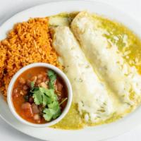 Chicken Enchiladas Verdes (2) · Shredded chicken rolled in a white corn tortilla, topped with tomatillo sauce and melted mon...