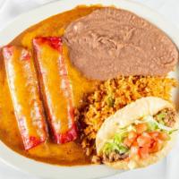 Cheese Mexican Plate · Two cheese enchiladas, one picadillo puffy taco.