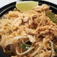 Pad Thai · Gluten-free, contains peanuts. Rice noodles, bean sprouts, scallions, egg and crunched peanu...