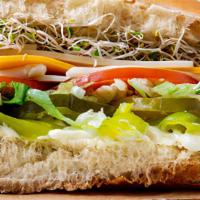 (17) Veggie · Cheddar, Swiss & provolone cheese, lettuce, tomato, pickles, pepperoncini, Italian dressing ...