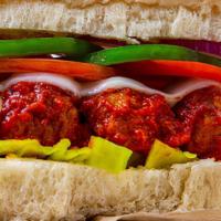 (10) Meatball · Meatballs smothered in our mild marinara sauce, provolone, tomato, bell peppers, onions, and...