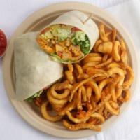 Buffalo Chick'N Wrap · Vegan chick'n, lettuce, tomato, pickles, buffalo sauce, house ranch, and cheddar cheeze. Fri...