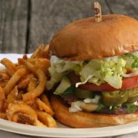 The Texan Burger · Seitan patty, bacon, house-made pepperjack cheeze, jalapeños, onion, cilantro, with mayo, le...