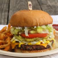 Leguminati Burger · House-made legume patty, American cheeze, bacon, onion, pickles, mustard, lettuce, tomato, a...