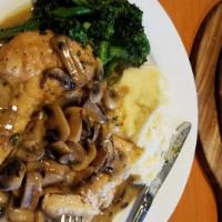 Chicken Marsala · Chicken breast, mushrooms, marsala wine, asparagus and mashed potato.