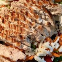 Grilled Chicken Salad · Romaine lettuce with shredded carrots, black olives, cherry tomatoes, Mozzarella cheese, Par...