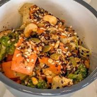 Charred Mixed Veg · Charred carrots, broccoli, and cauliflower, lemon tahina, dukkah spice blend and cashews (Ve...