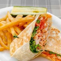 Buffalo Chicken Wrap · Grilled or crispy Buffalo chicken, blue cheese, shredded lettuce, and tomato.