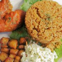 Jollof Rice · Served with coleslaw, plantains, and your choice of chicken, beef, or fish.