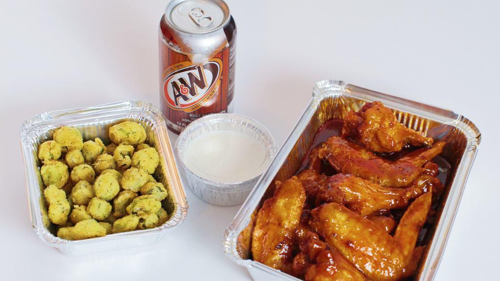 6 Piece Wing Combo · Includes: 1 flavor, 1 dipping sauce, a side and a 12oz, can drink
