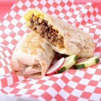 Breakfast Burrito · Comes with eggs, chorizo, cheese, potatoes, and grilled onions.